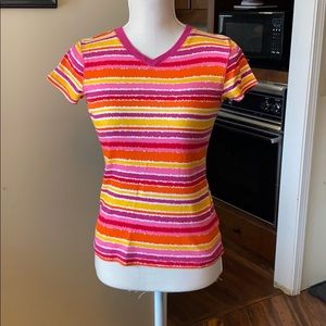 Orange, Yellow & Hot Pink Striped Shirt sleeve Top